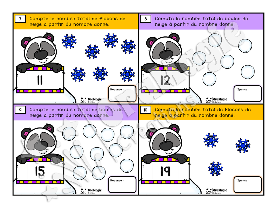 Cartes à tâches - M. Panda aime l'hiver - Nombres 1-60 - Dénombrer à partir d'un nombre donné