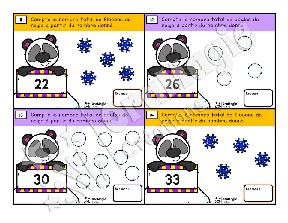 Cartes à tâches - M. Panda aime l'hiver - Nombres 1-60 - Dénombrer à partir d'un nombre donné