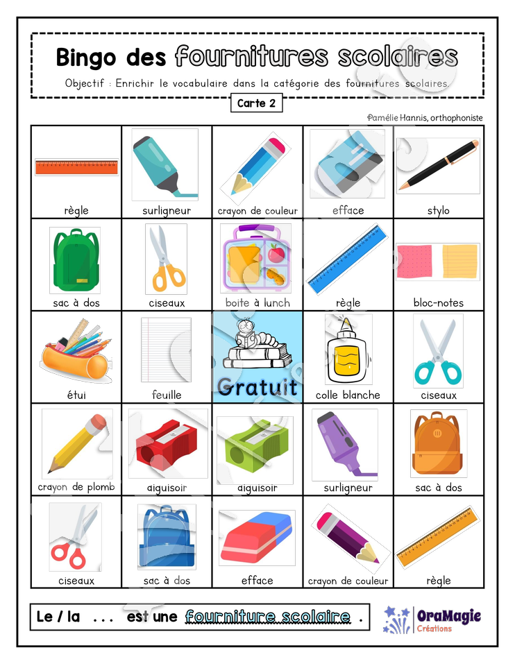 Bingo des fournitures scolaires - 3 cartes