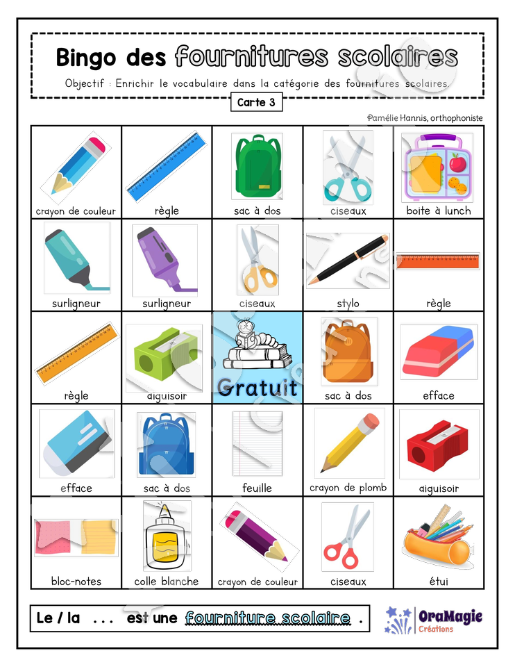 Bingo des fournitures scolaires - 3 cartes