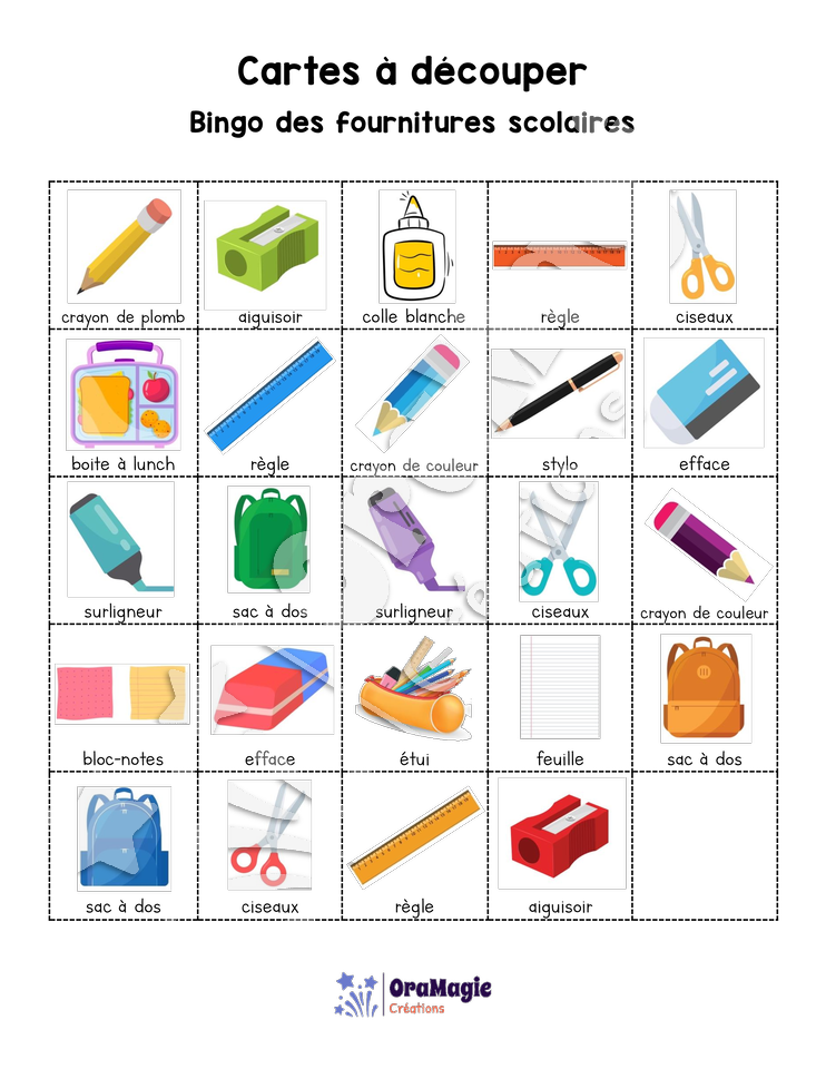Bingo des fournitures scolaires - 3 cartes