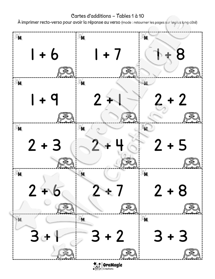 Cartes d'additions avec réponse au verso - Tables 1 à 10