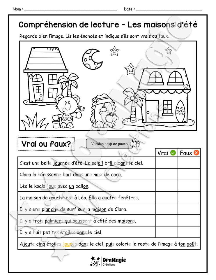 Compréhension de lecture - VRAI OU FAUX - Les maisons d'été