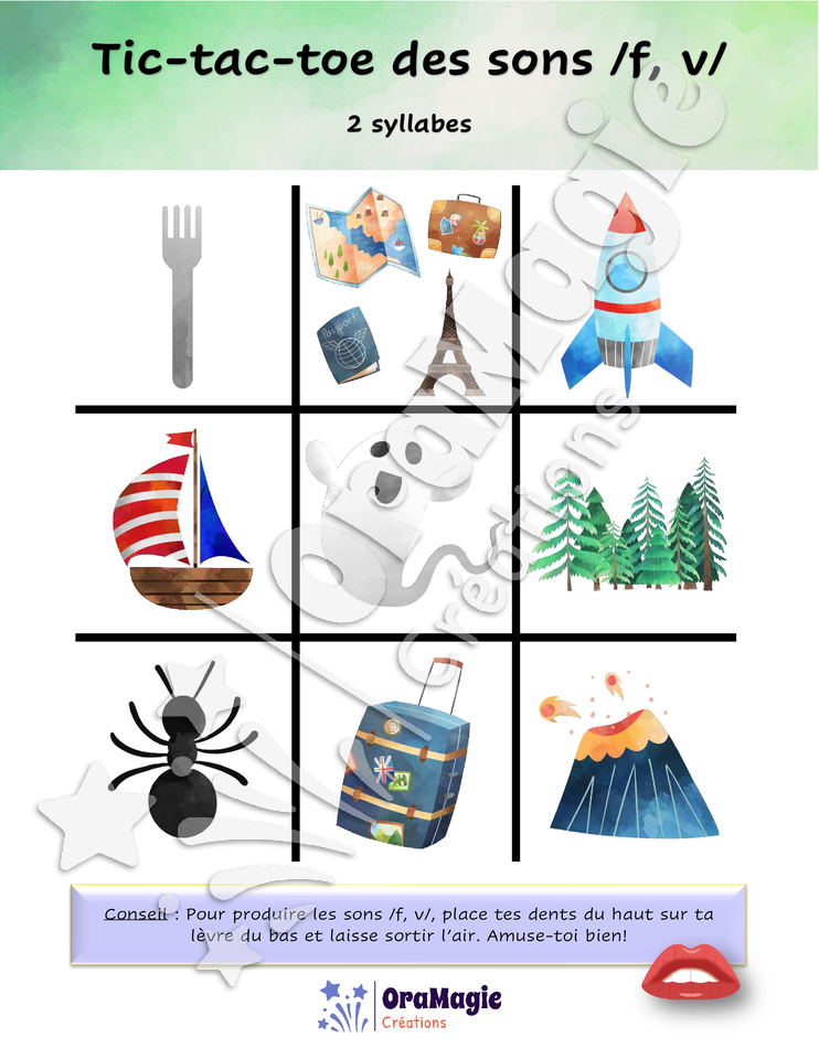 Tic-tac-toe des sons -f-v- position initiale