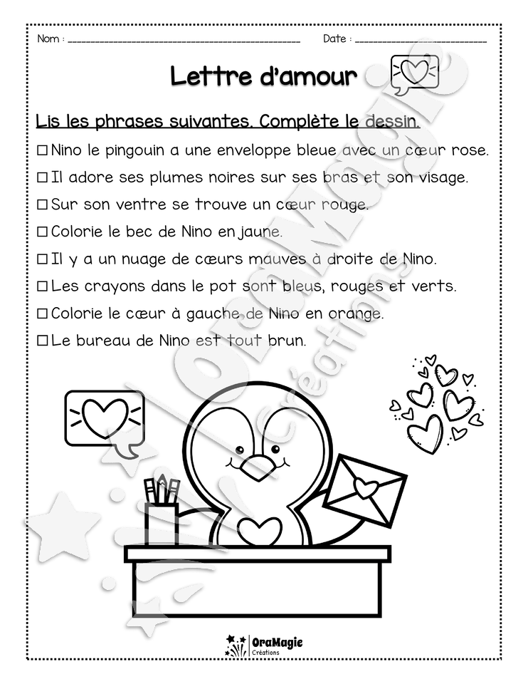 Compréhension de lecture - Lis et colorie - Lettre d'amour - 1re année.pdf