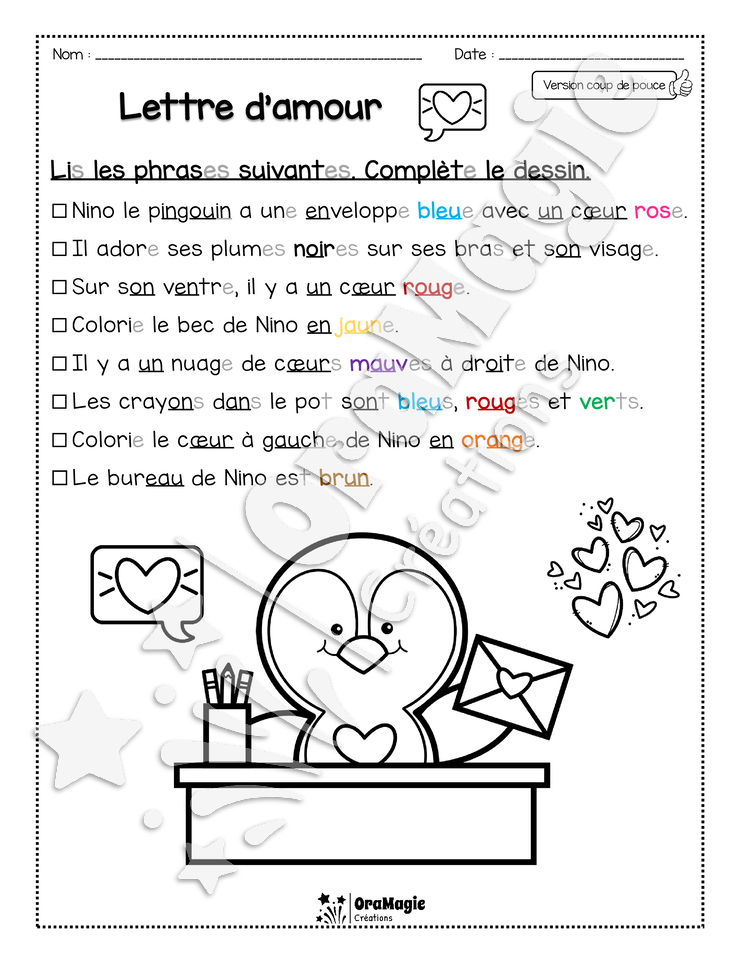 Compréhension de lecture - Lis et colorie - Lettre d'amour - 1re année