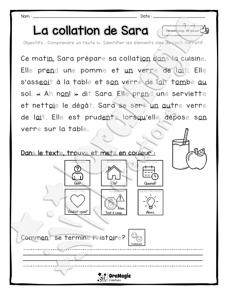 Compréhension de lecture et du récit 1re année - La collation de Sara