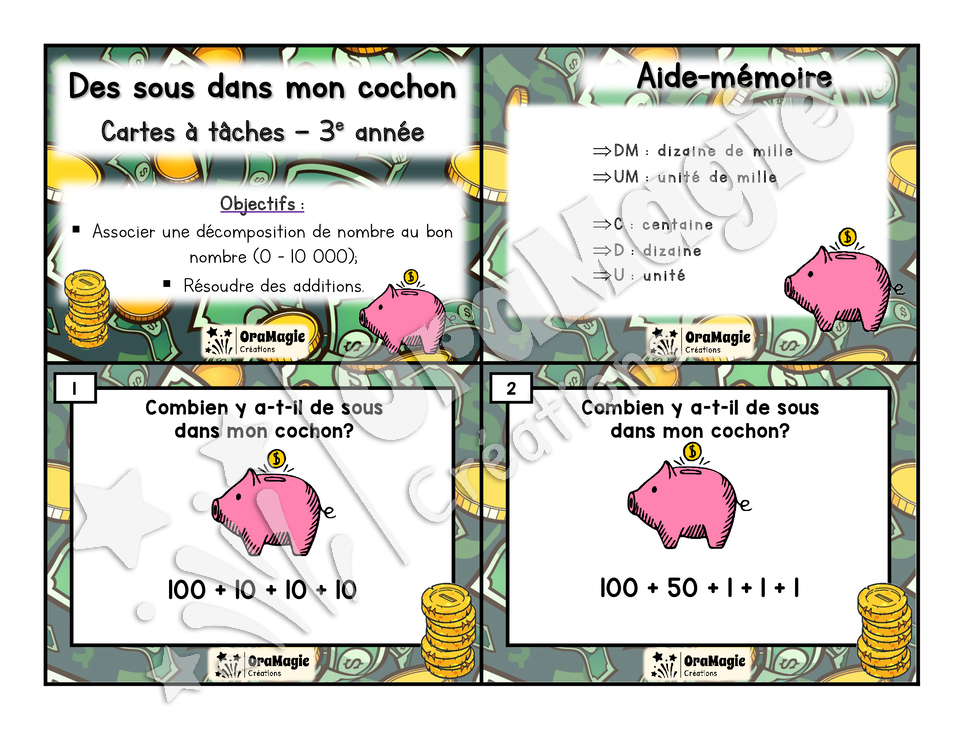 Cartes à tâches - Des sous dans mon cochon - Décomposition de nombres -3e année - 6$.pdf