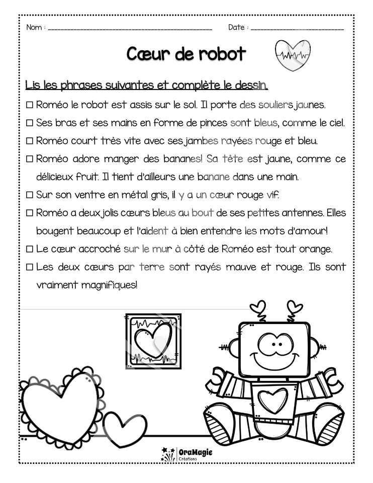 Compréhension de lecture - Lis et colorie - St-Valentin - Coeur de robot - 2e année 2$.pdf