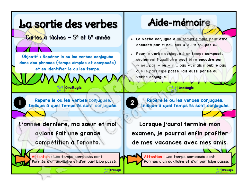 Cartes à tâches - La sortie des verbes  - Repérer le verbe conjugué dans une phrase - 5e et 6e année.pdf