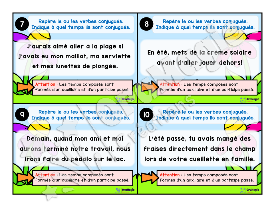 Cartes à tâches - La sortie des verbes - Repérer le verbe conjugué dans une phrase - 5e année