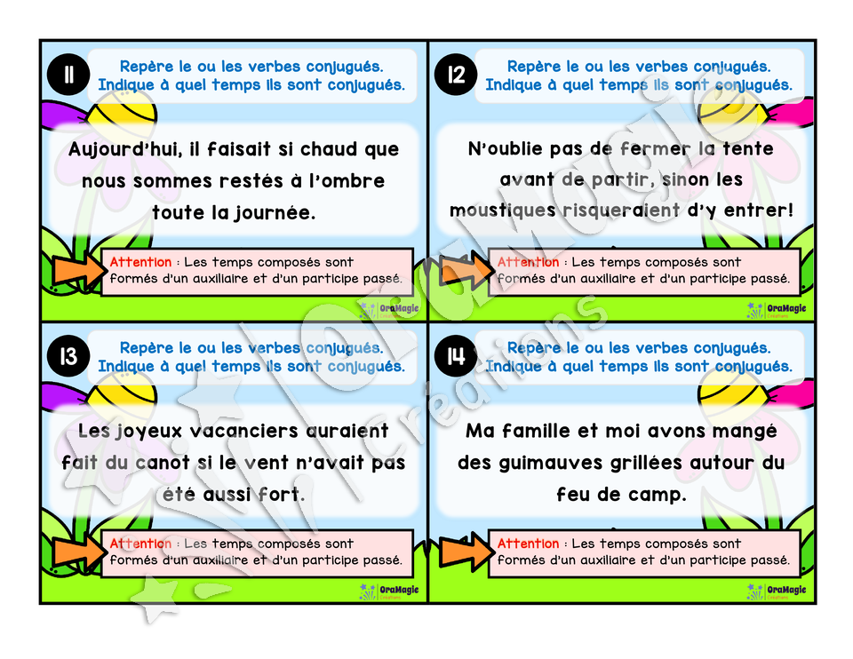 Cartes à tâches - La sortie des verbes - Repérer le verbe conjugué dans une phrase - 5e année