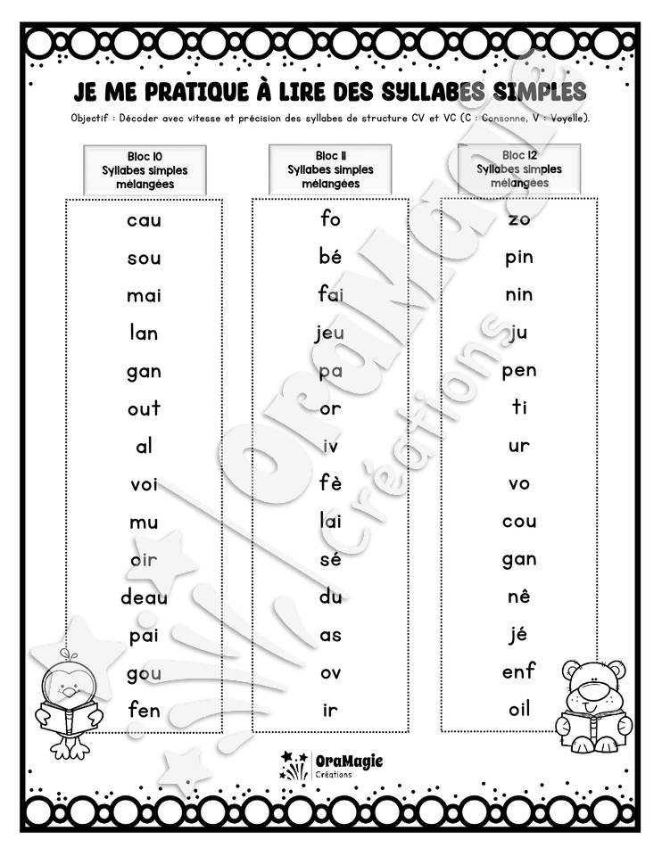 Je me pratique à lire des syllabes simples CV-VC - Cahier de pratique