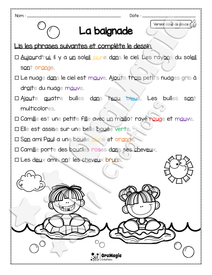 Compréhension de lecture - Lis et colorie - La baignade