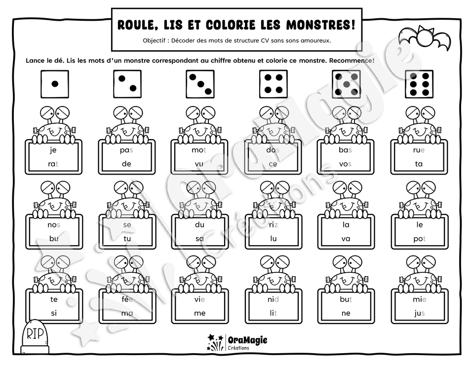 Roule, lis et colorie les monstres - Décodage mots CV sans sons amoureux - Halloween, 1re année, langage écrit.pdf