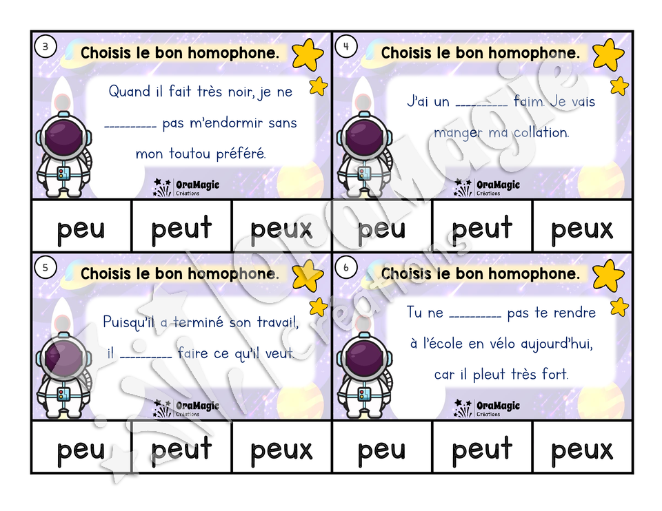 Cartes à tâches - Homophones - peu, peut, peux