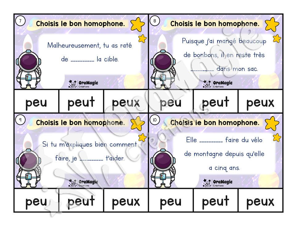 Cartes à tâches - Homophones - peu, peut, peux