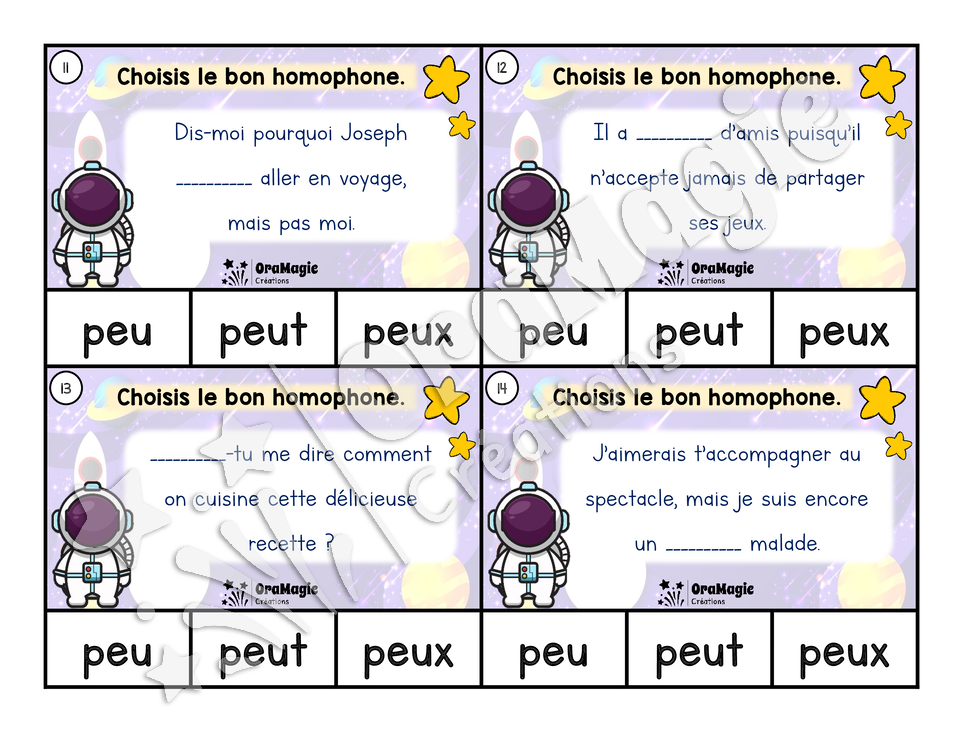 Cartes à tâches - Homophones - peu, peut, peux