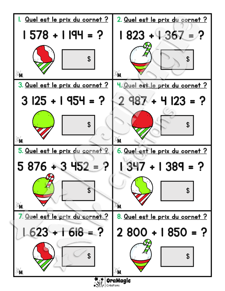 Kiosques de cornets - Additions et soustractions de grands nombres