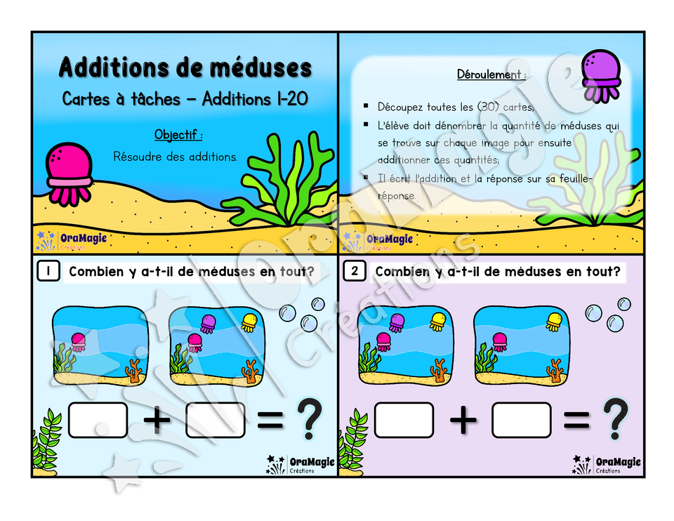 Cartes à tâches - Les additions 0 à 20 - Additions de méduses - Préscolaire et 1er cycle - Rééducation math  - Mathématiques.pdf