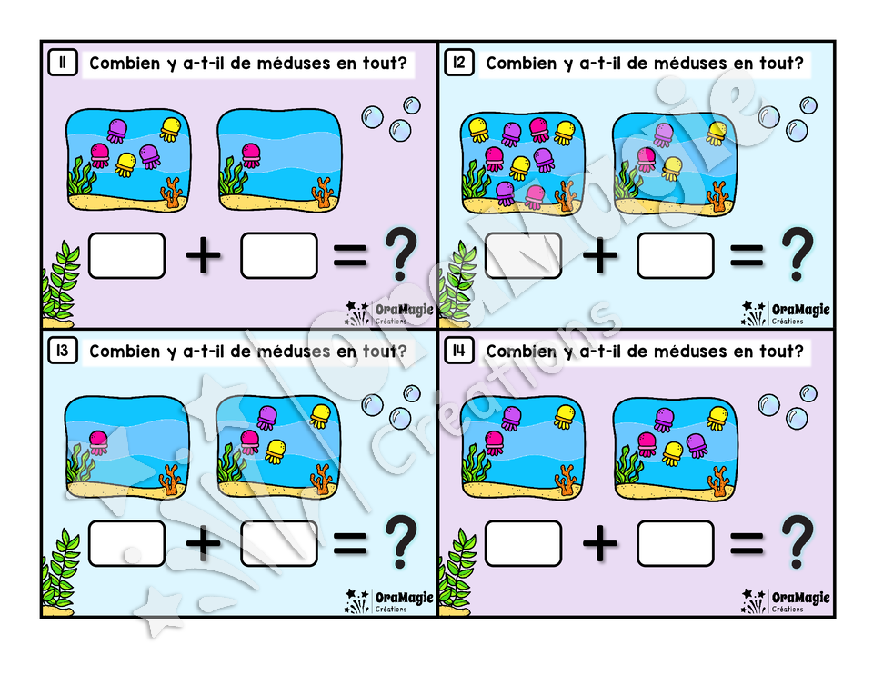 Cartes à tâches - Additions de méduses - Les additions 0 à 20