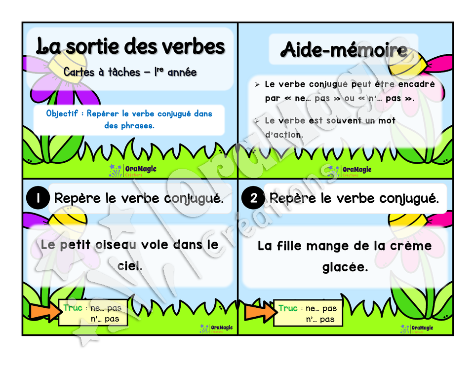 Cartes à tâches - La sortie des verbes  - Repérer le verbe conjugué dans une phrase - 1re année.pdf