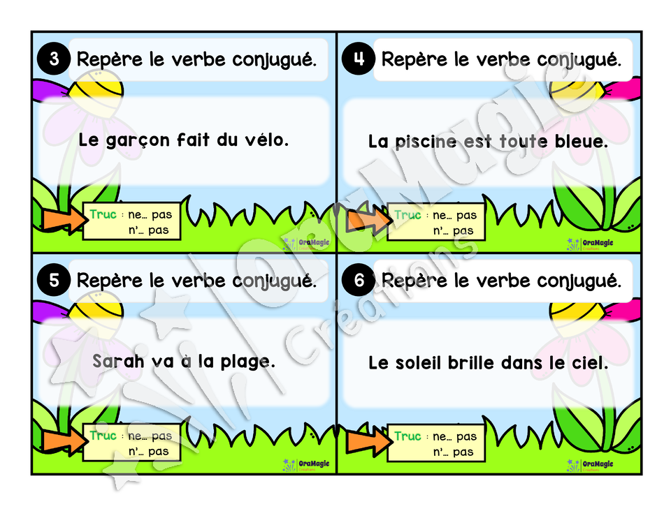 Cartes à tâches - La sortie des verbes - Repérer le verbe conjugué dans une phrase - 1re année