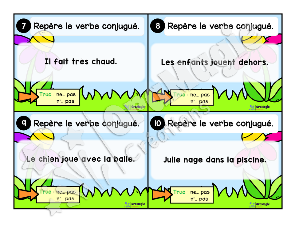 Cartes à tâches - La sortie des verbes - Repérer le verbe conjugué dans une phrase - 1re année