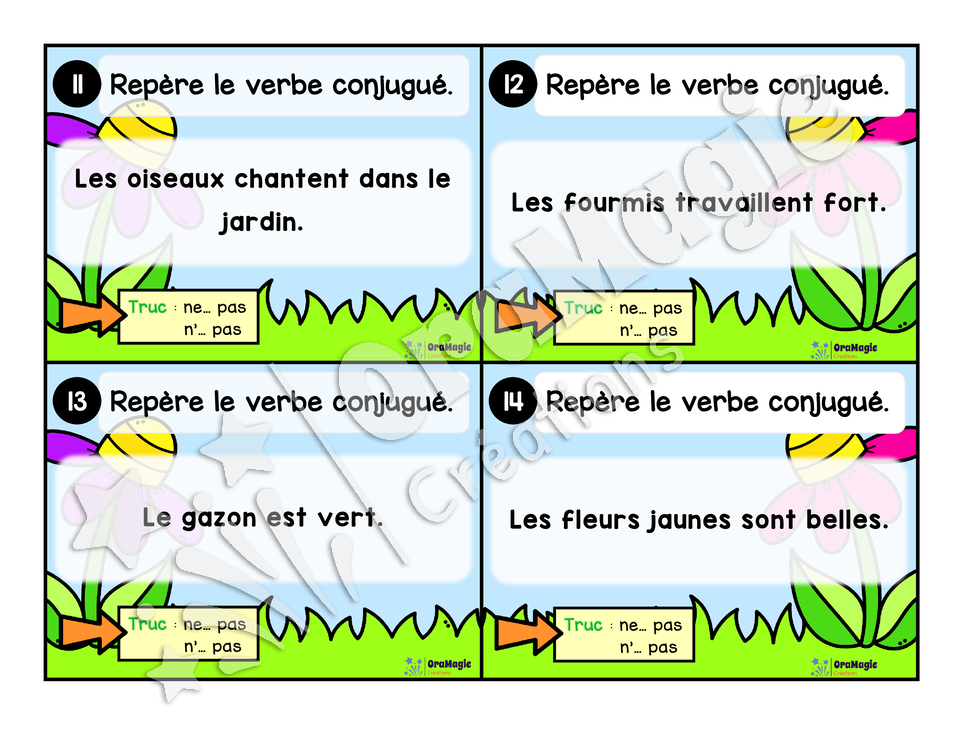 Cartes à tâches - La sortie des verbes - Repérer le verbe conjugué dans une phrase - 1re année