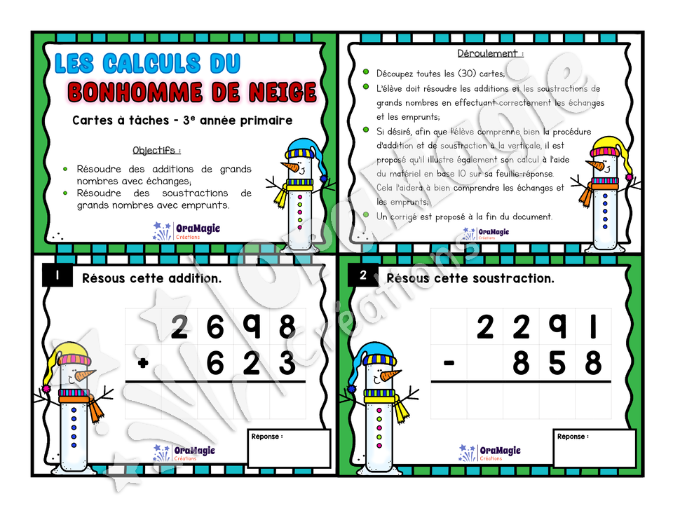 Cartes à tâches - Les calculs du bonhomme de neige - Additions et soustractions de grands nombres - 3e année - 6$.pdf