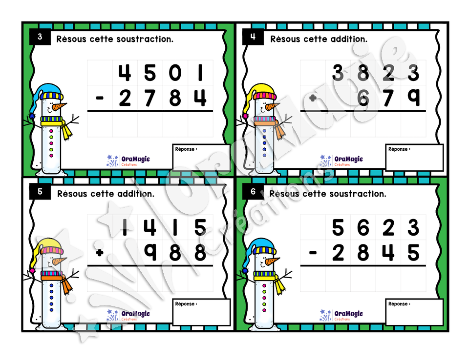 Cartes à tâches - Les calculs du bonhomme de neige - Additions et soustractions de grands nombres