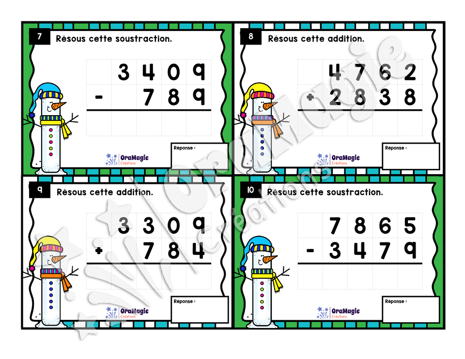 Cartes à tâches - Les calculs du bonhomme de neige - Additions et soustractions de grands nombres