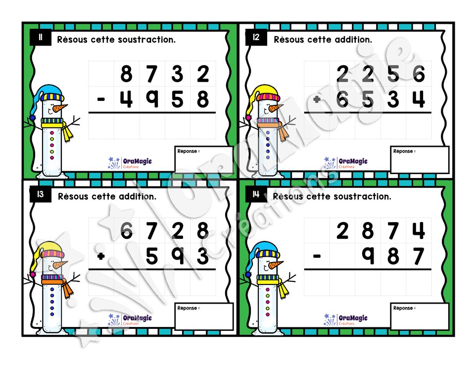 Cartes à tâches - Les calculs du bonhomme de neige - Additions et soustractions de grands nombres