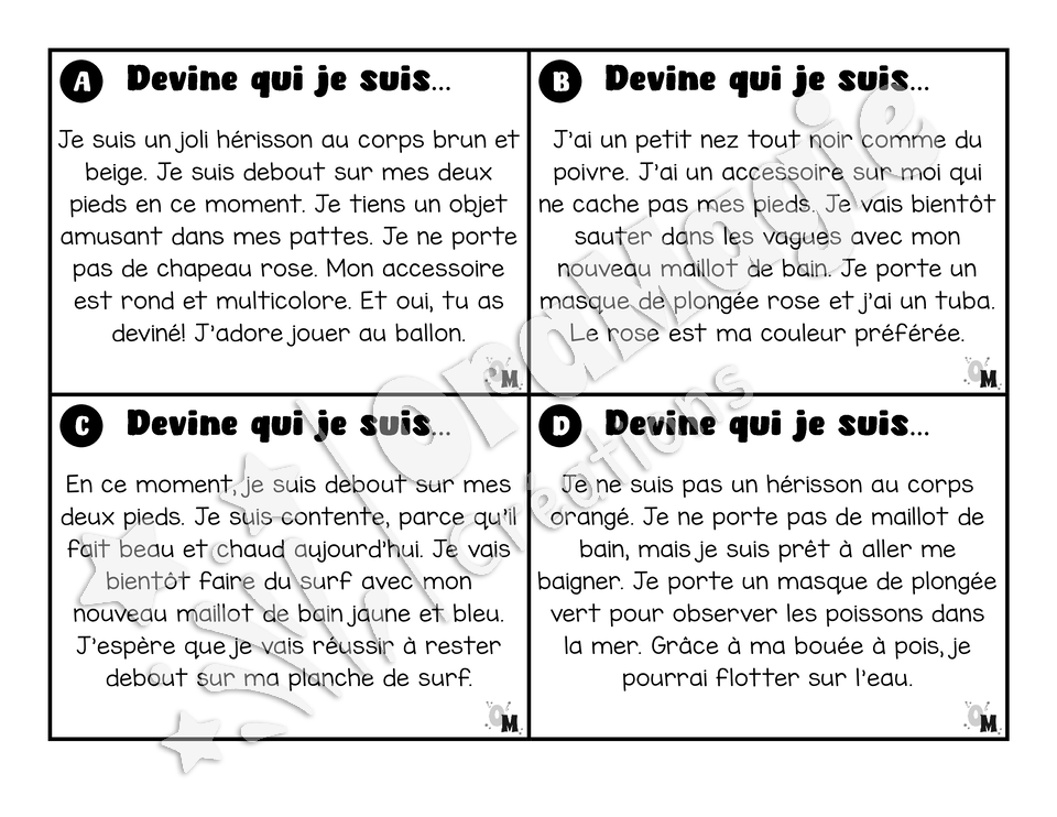 Compréhension de lecture - Les jolis hérissons - Devine qui je suis - 2e année