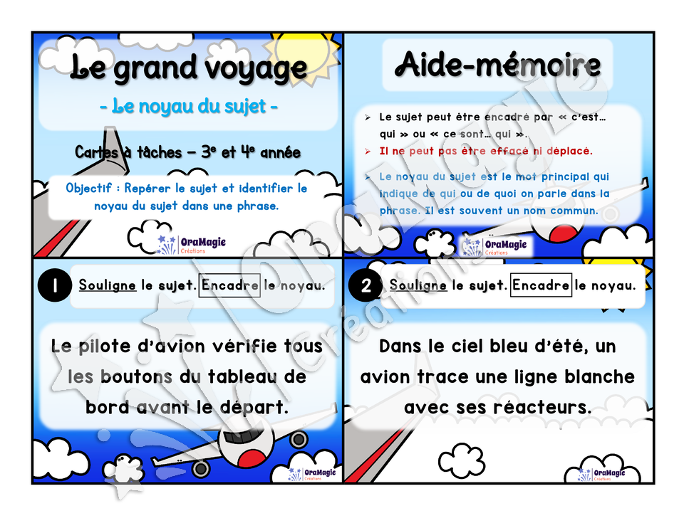 Cartes à tâches - Le grand voyage - Repérer le sujet de la phrase et le noyau du sujet - 3e et 4e année.pdf