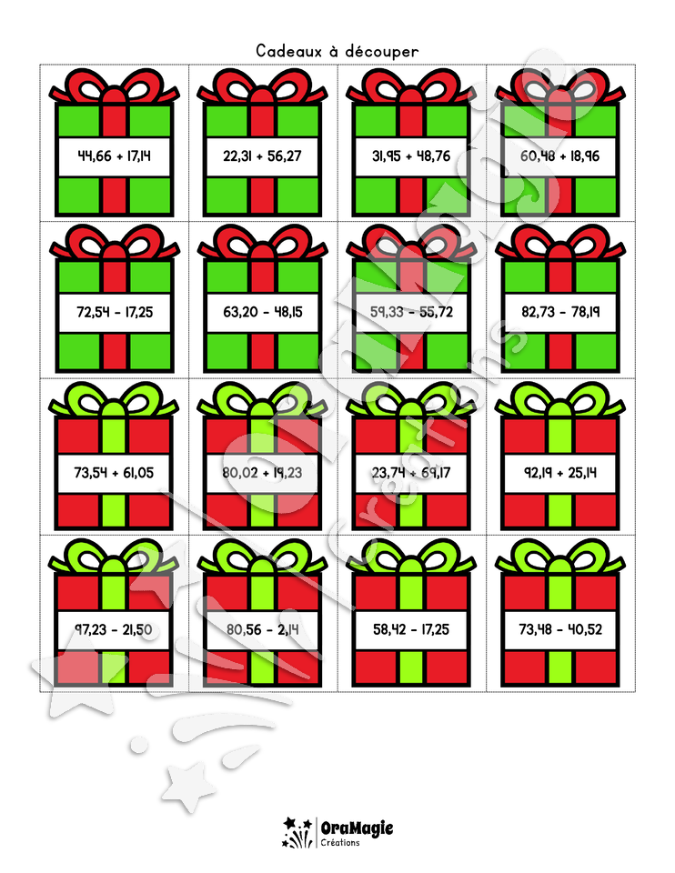 Cadeaux décimaux - Additions et soustractions nombres décimaux - 3e année