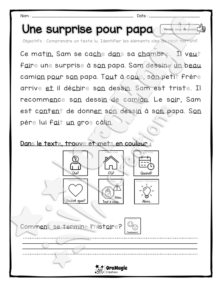 Compréhension de lecture et du récit - Une surprise pour papa