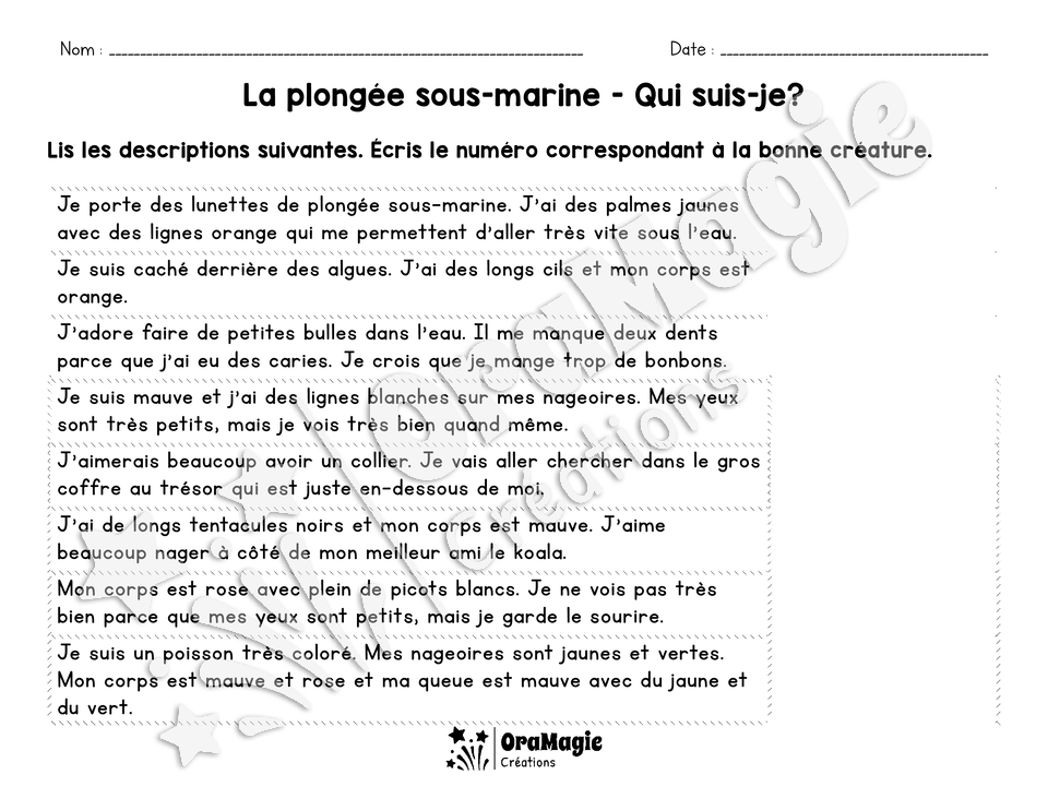La plongée sous-marine - Compréhension de lecture scène imagée - 2e année