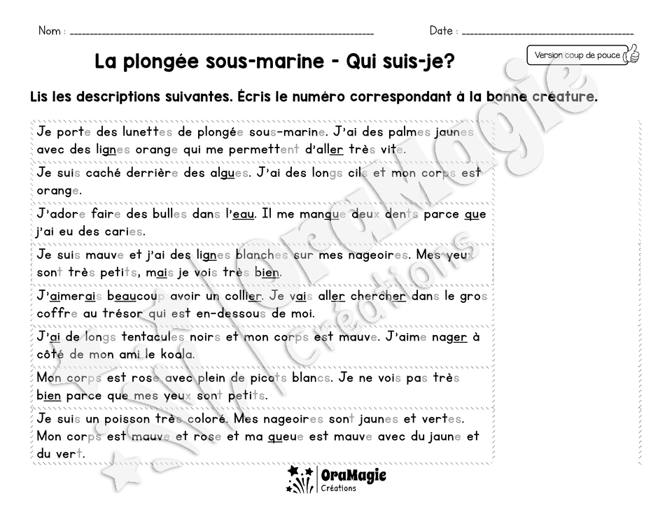 La plongée sous-marine - Compréhension de lecture scène imagée - 2e année