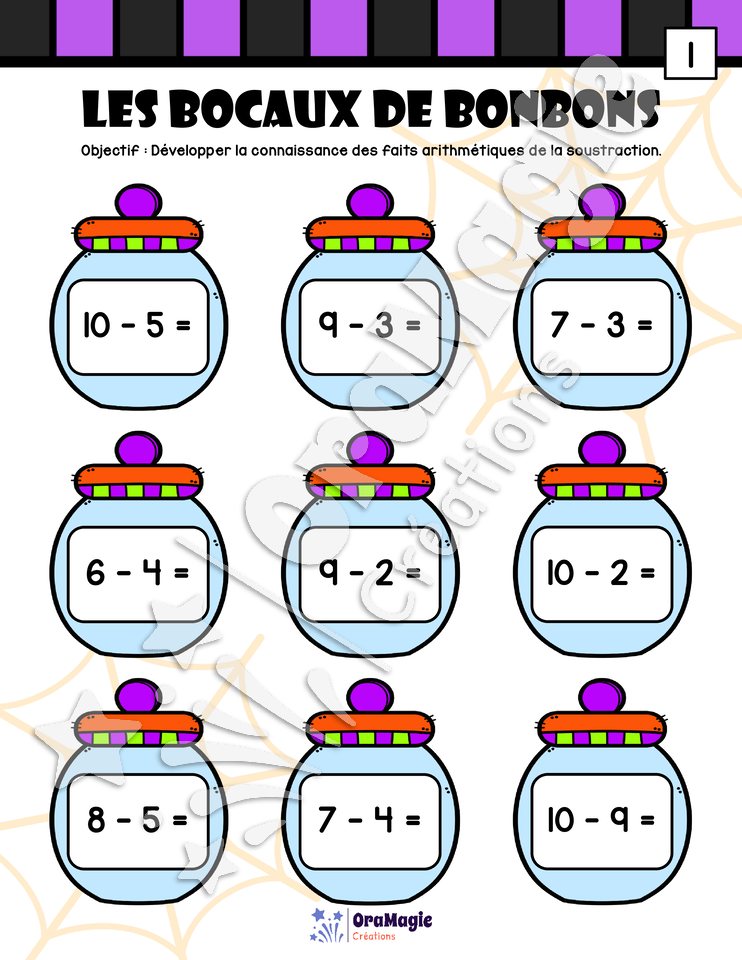 Les bocaux de bonbons - Soustractions 1-10