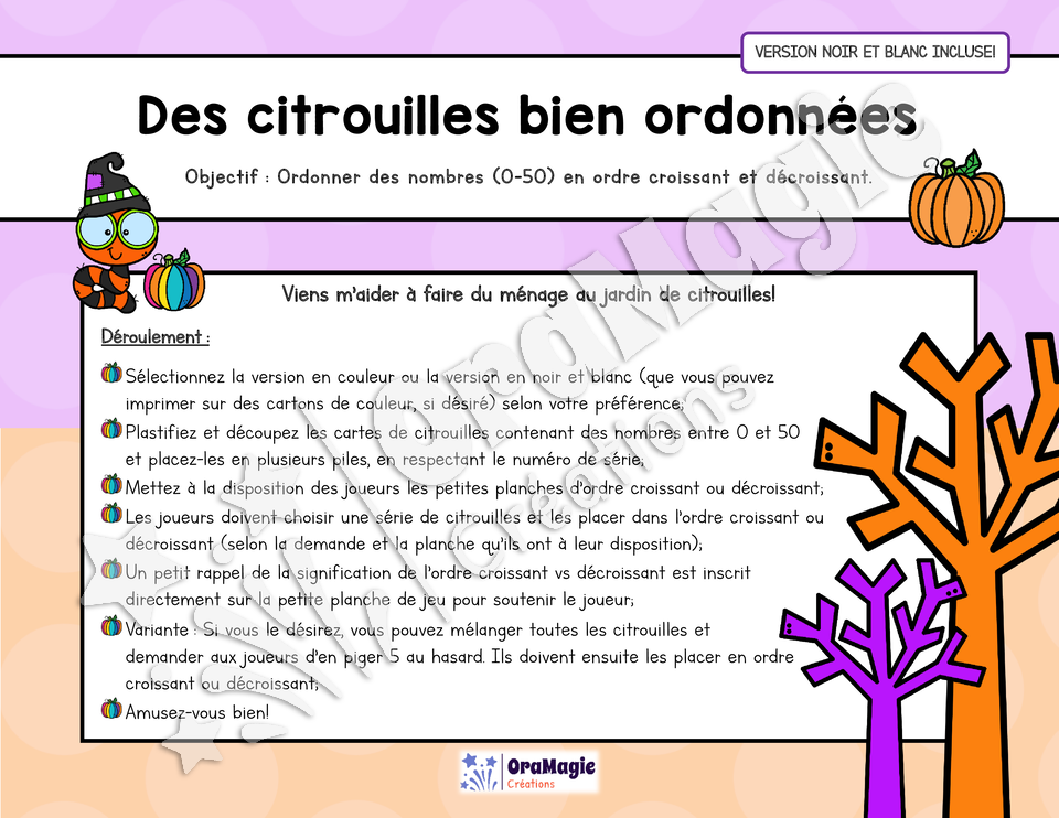 Des citrouilles bien ordonnées - Atelier 1re année - Halloween - Ordre croissant vs décroissant - NB incluse - 4$.pdf