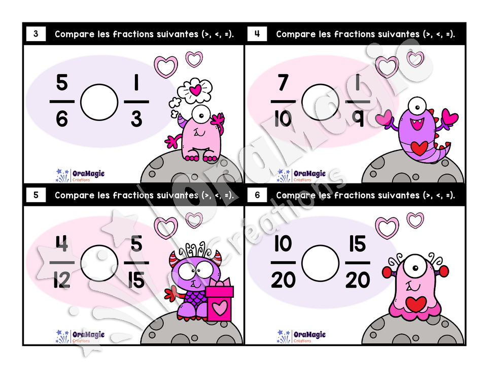 Cartes à tâches - Fractions amoureuses - Comparaison de fractions