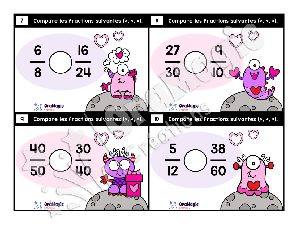 Cartes à tâches - Fractions amoureuses - Comparaison de fractions