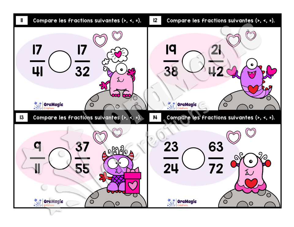 Cartes à tâches - Fractions amoureuses - Comparaison de fractions