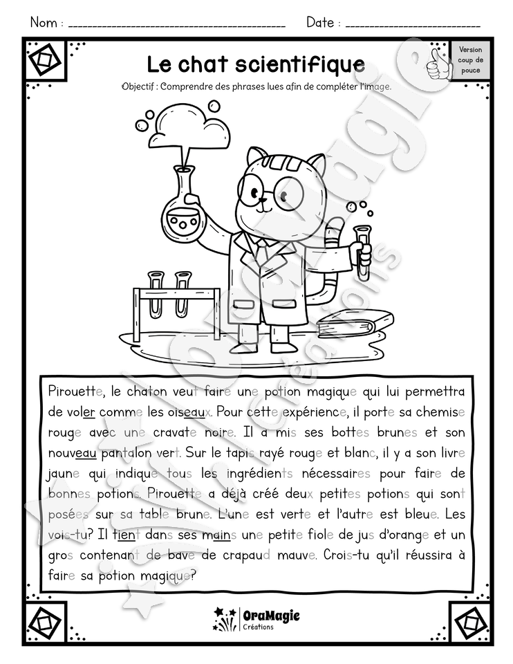 Compréhension de lecture - Lis et colorie - Le chat scientifique