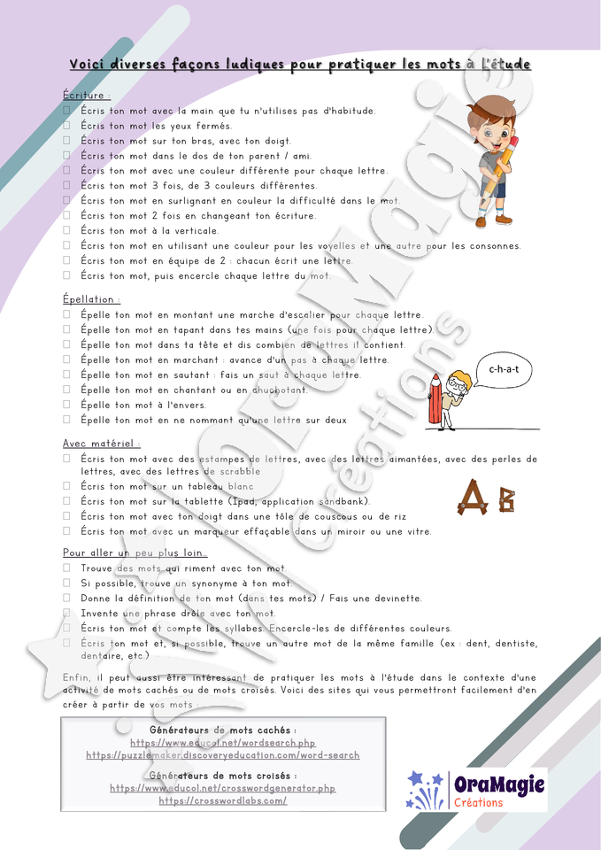 Apprentissage des mots d'orthographe