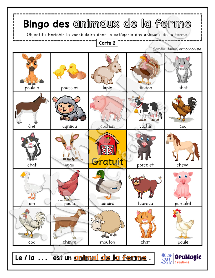 Bingo des animaux de la ferme - 3 cartes