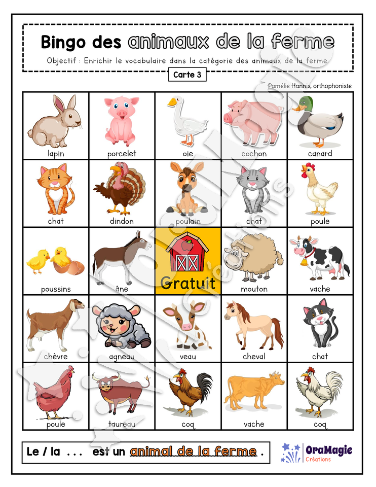 Bingo des animaux de la ferme - 3 cartes