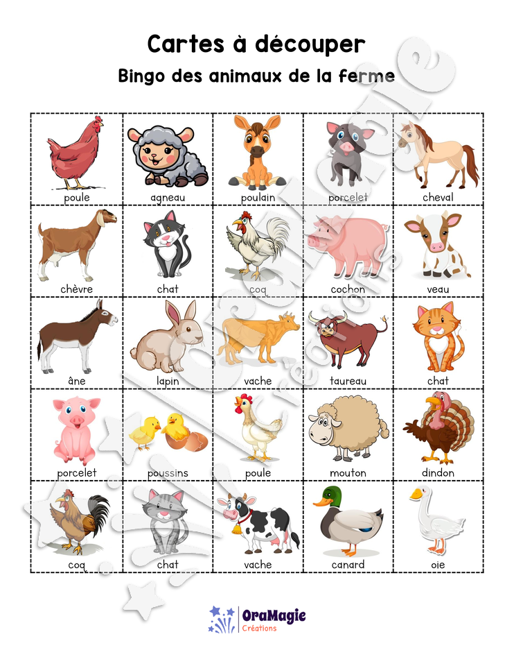 Bingo des animaux de la ferme - 3 cartes