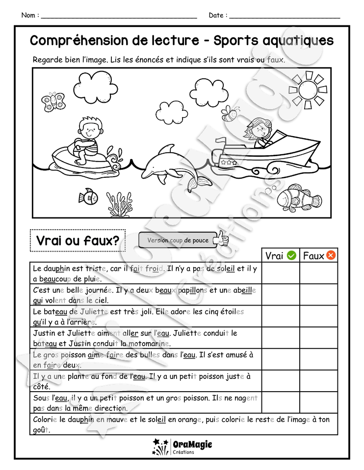 Compréhension de lecture - VRAI OU FAUX - Sports aquatiques